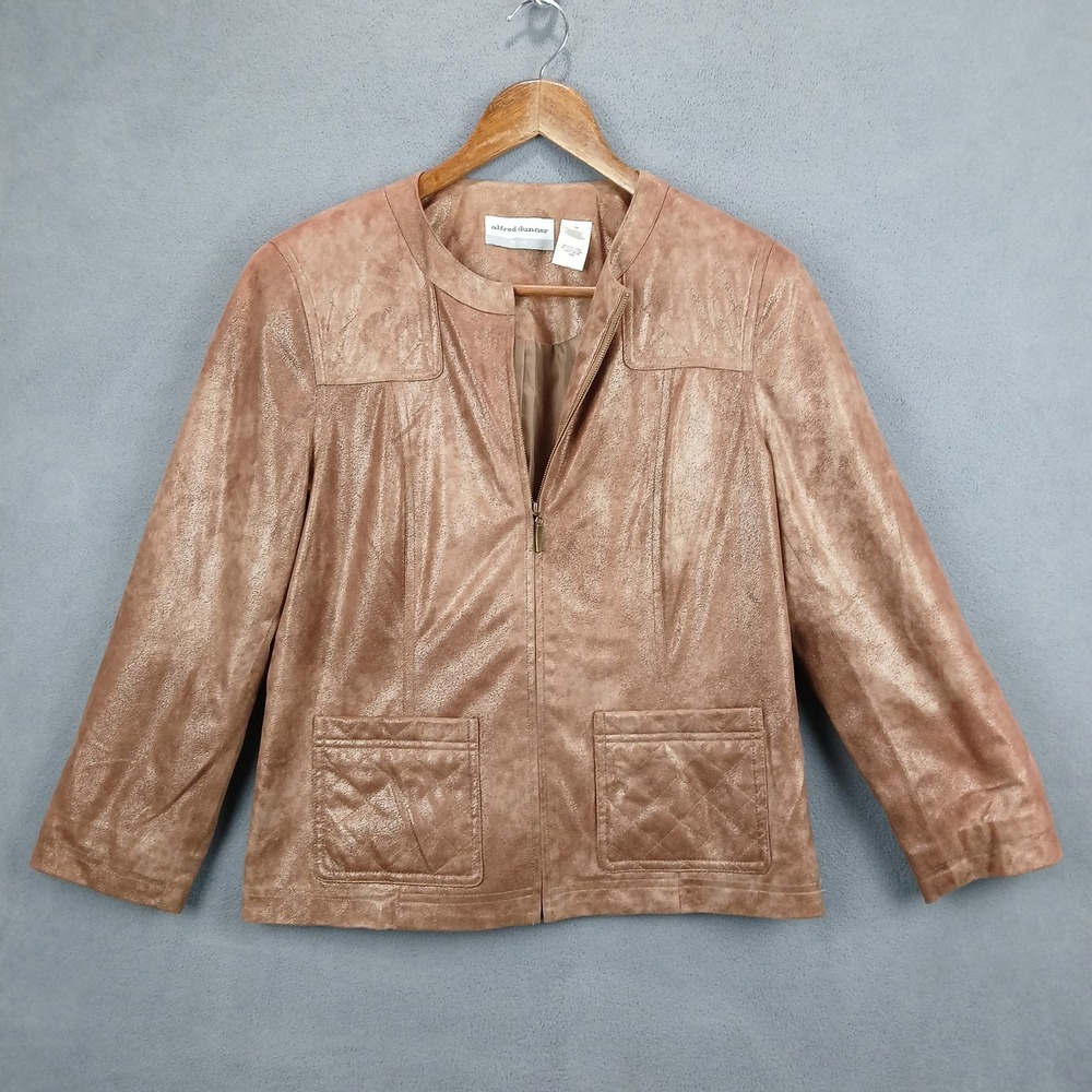 Alfred Dunner Leather Jacket Womens 6P Brown‎ Lined Front Zip Preppy Outerwear